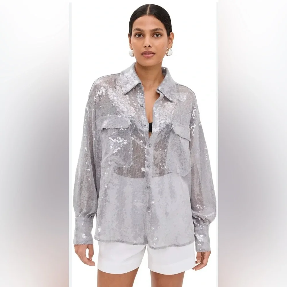NWOT Free People Disco Margarita Button down Size Small in Silver